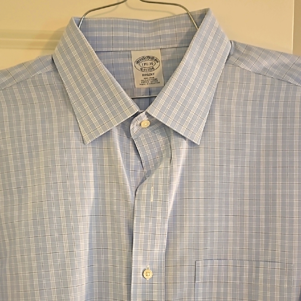 Brooks Brothers Men's Blue/White Checkered Shirt, 17.5-35